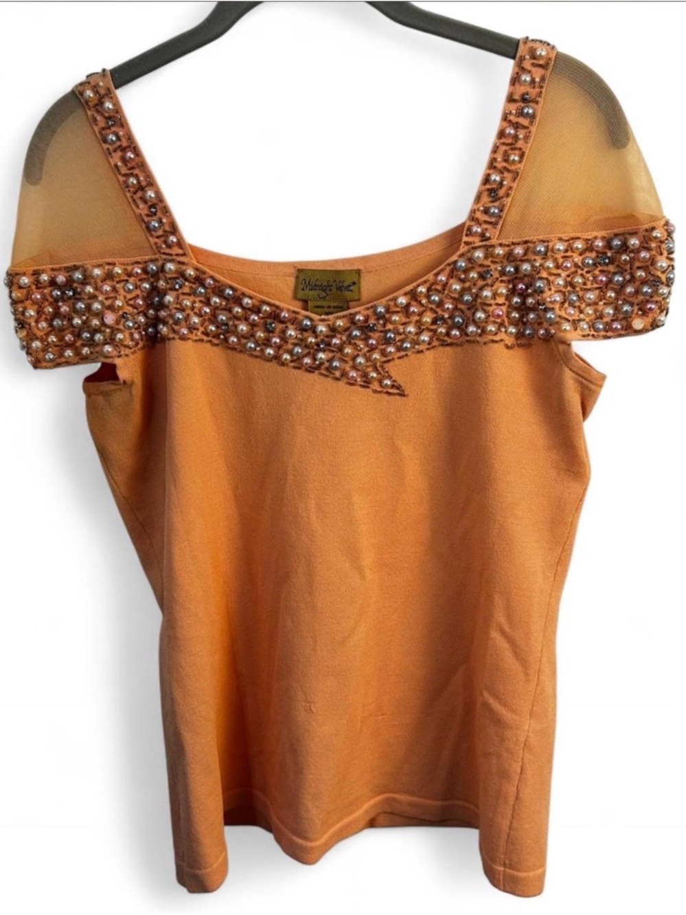 Midnight Velvet Orange Beaded Top with Sheer Yoke